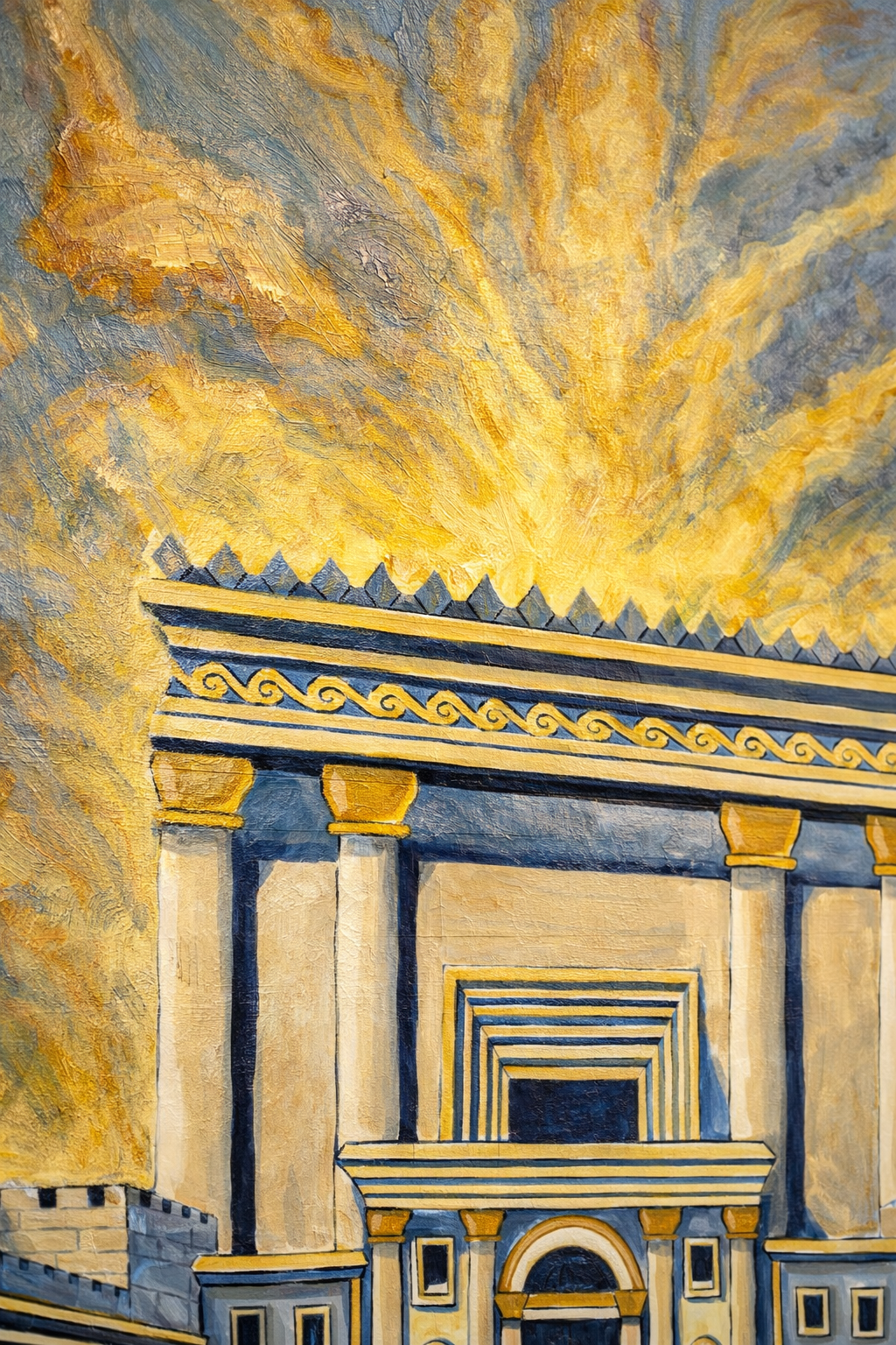 Artistic depiction close up of a classical beit hamikdash temple with columns and decorative elements against a dramatic sky.