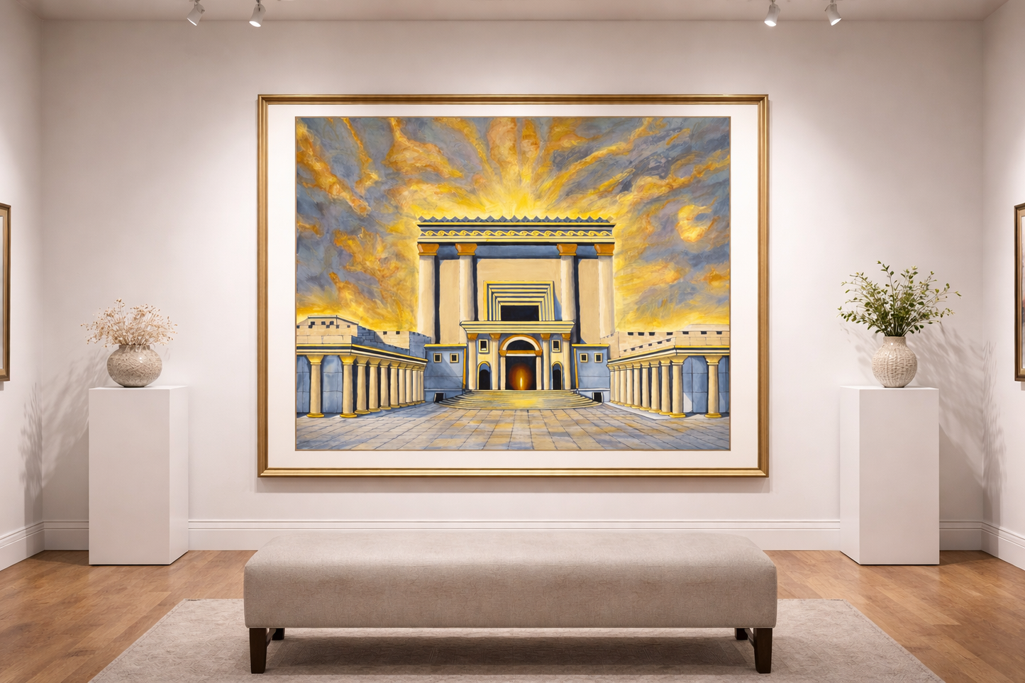 Framed artwork of the beit hamikdash building with a bright sky in a room with a bench and flowers.